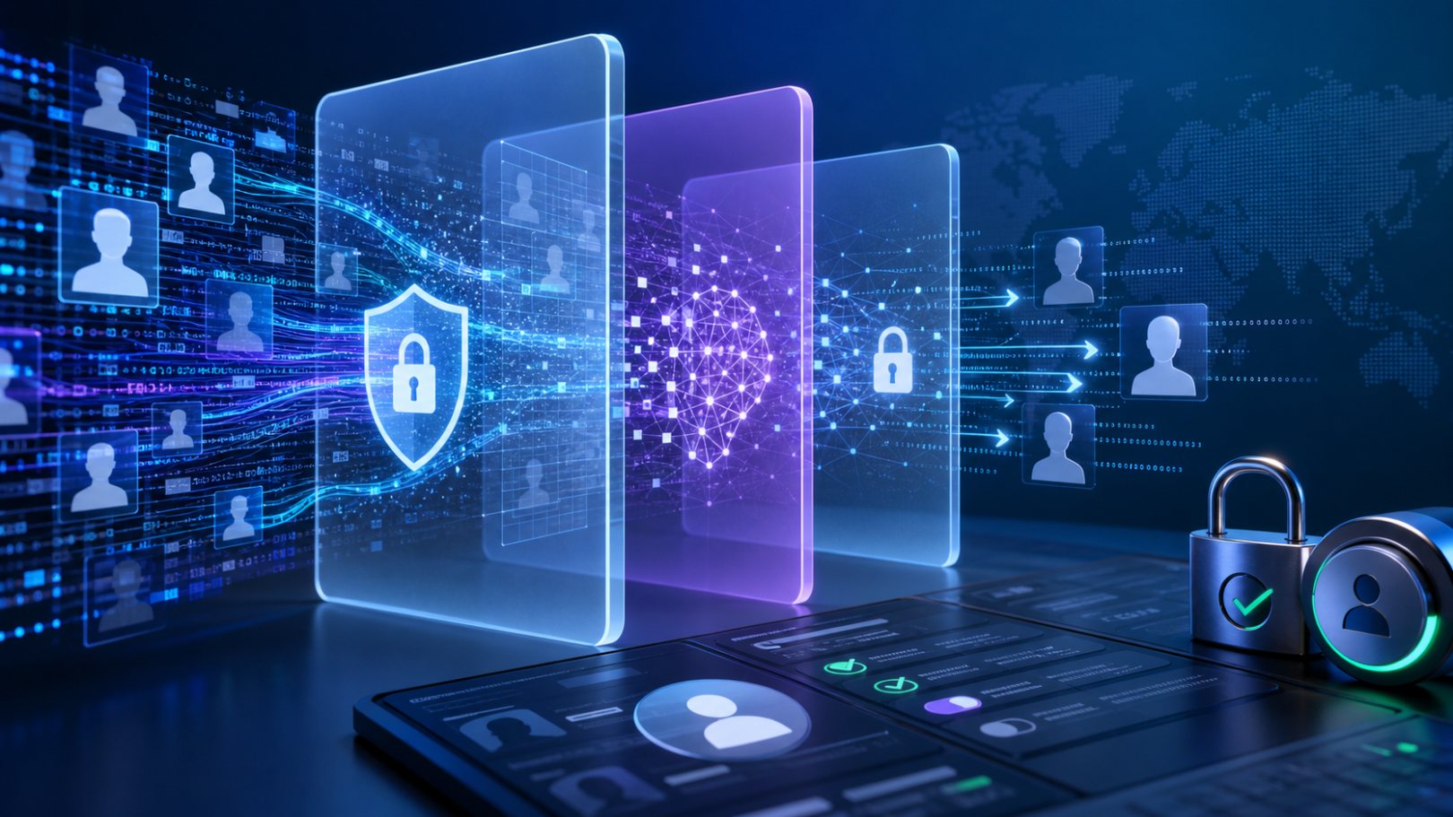 Ilustração editorial de inteligência artificial filtrando dados pessoais com camadas de privacidade