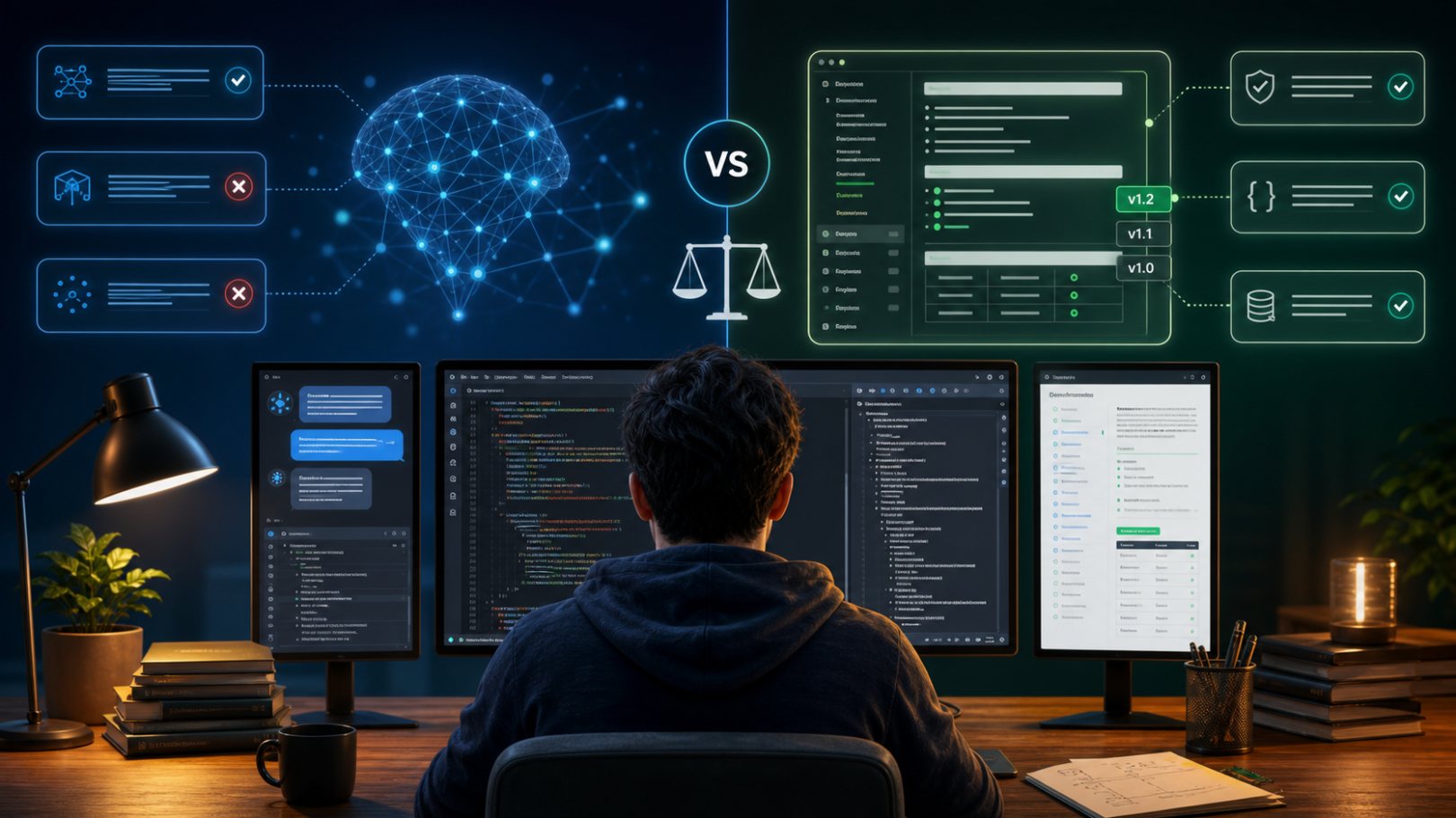 Ilustração editorial de inteligência artificial comparando documentação oficial de uma API com exemplos de código