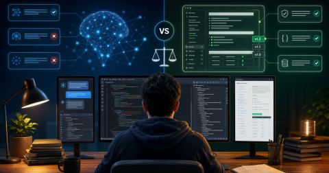Ilustração editorial de inteligência artificial comparando documentação oficial de uma API com exemplos de código