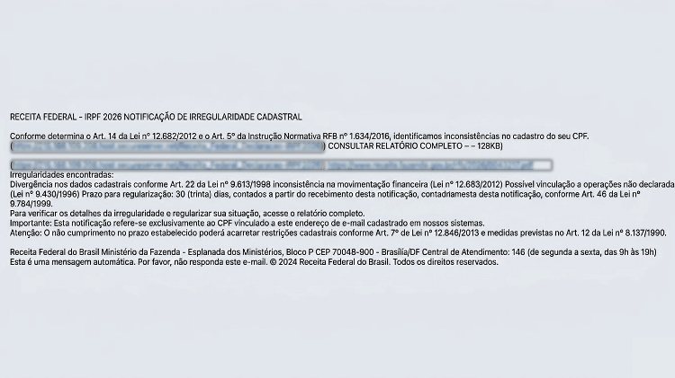Imagem mostra texto de e-mail fraudulento que diz que há inconsistência em cadastro de quem já enviou imposto de renda