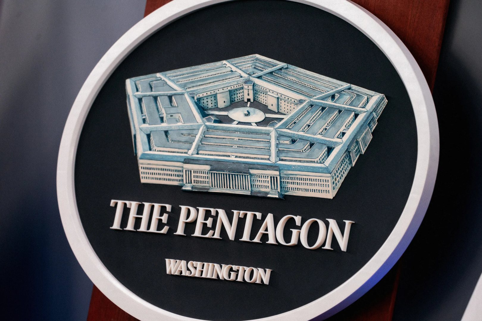 Pentagon signage during a news conference at the Pentagon in Arlington Virginia US on Monday March 2 2026. Pete Hegseth...