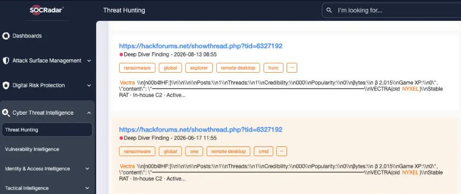 SOCRadar Platform Threat Hunting results linking the HackForums sales thread to the Vectra handle and its NYXEL reference (Source : SOCRadar).