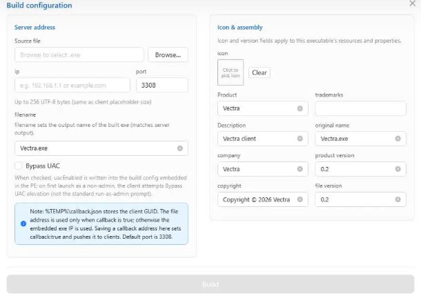 Stub build configuration in the panel: C2 address, output name, UAC bypass, and PE metadata (Source : SOCRadar).