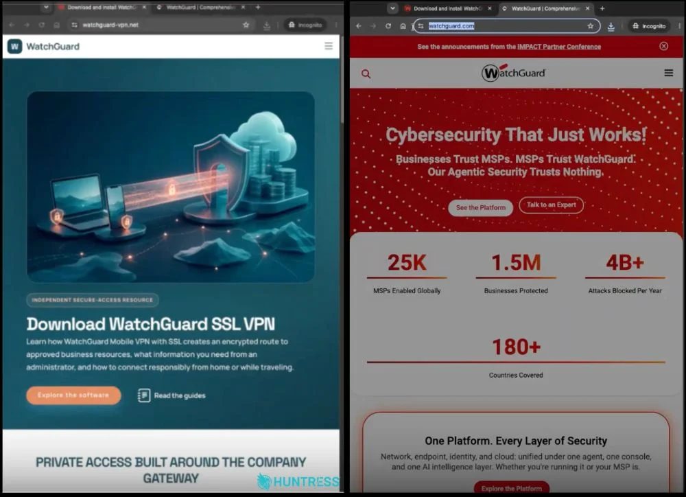 The malicious domain (left) versus the actual legitimate WatchGuard domain (right) (Source : Huntress).