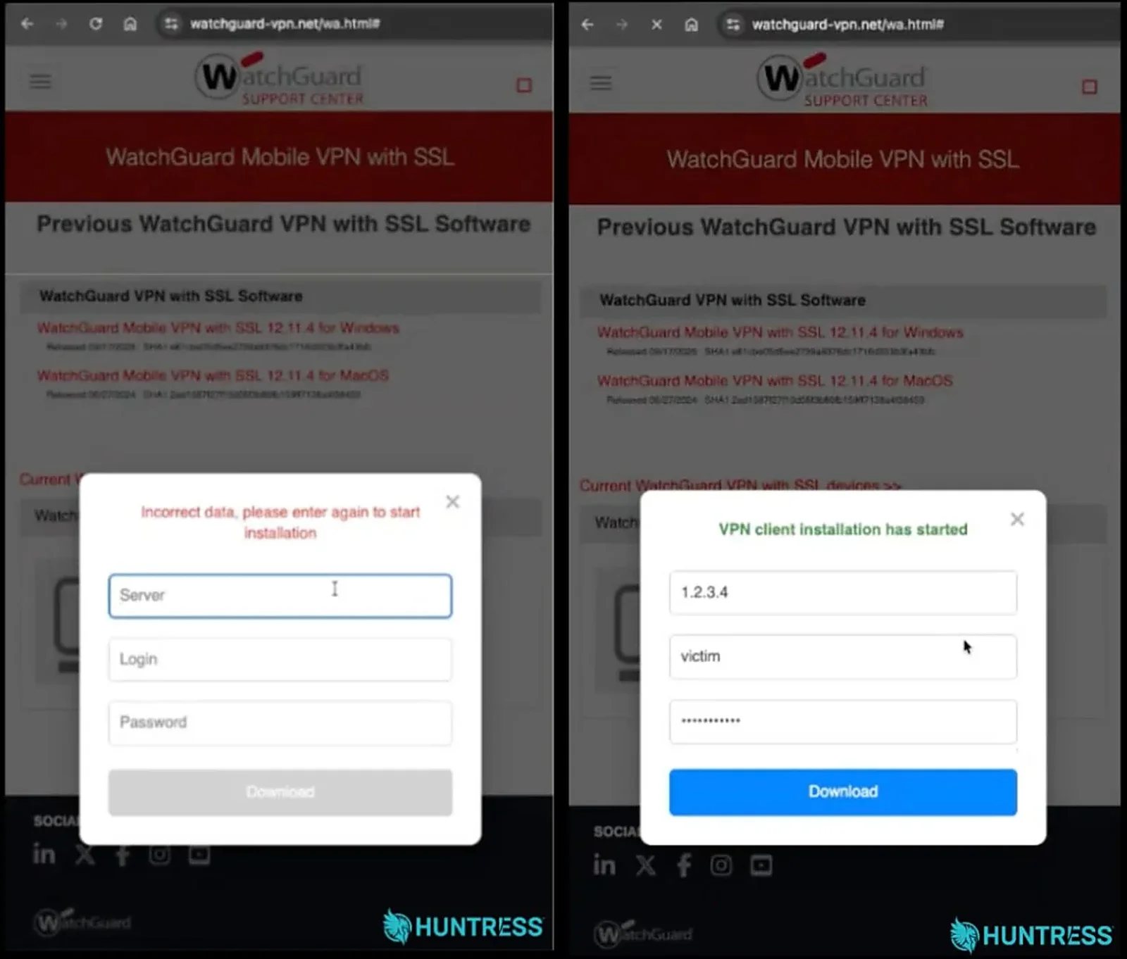 The forced "Incorrect data" message after the first submission (left) and then the second prompt (right) (Source : Huntress).