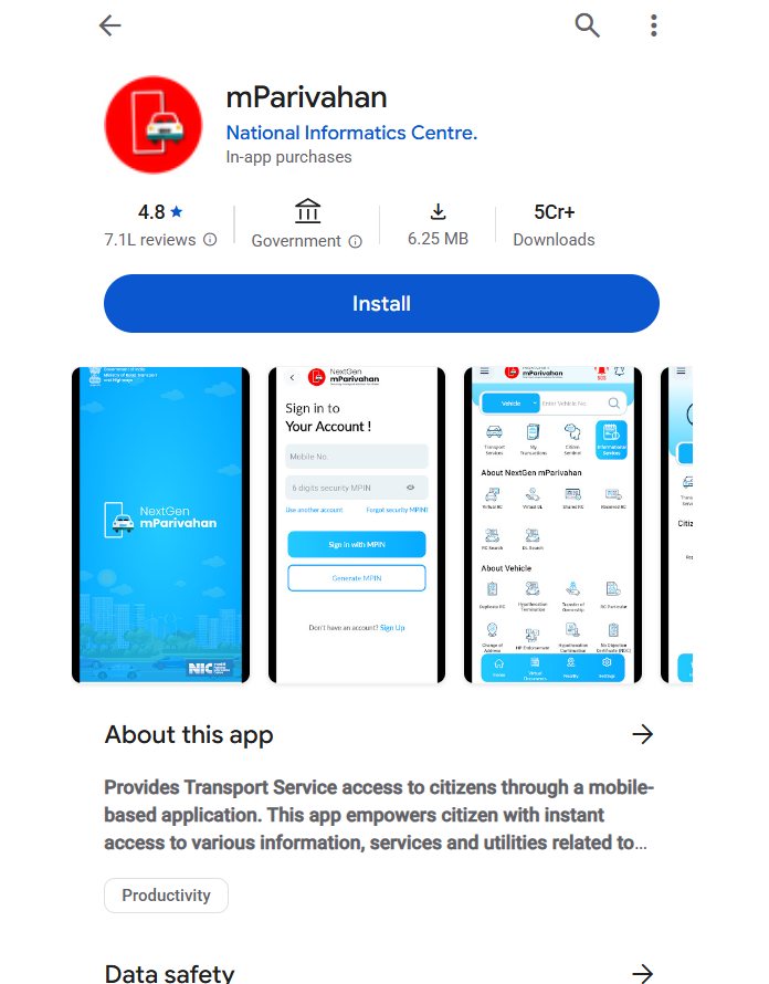 Fake Google Play Store-style mParivahan installation website (Source : Cyble).
