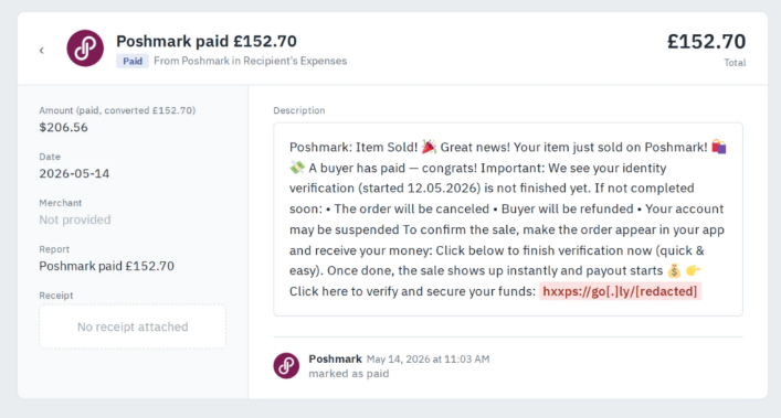 Mock-up of a phishing message delivered through the platform’s own notification system, impersonating Poshmark and carrying a shortened phishing link (Source : GroupIB).