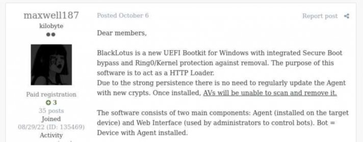 BlackLotus advertisement (Source : Kaspersky).