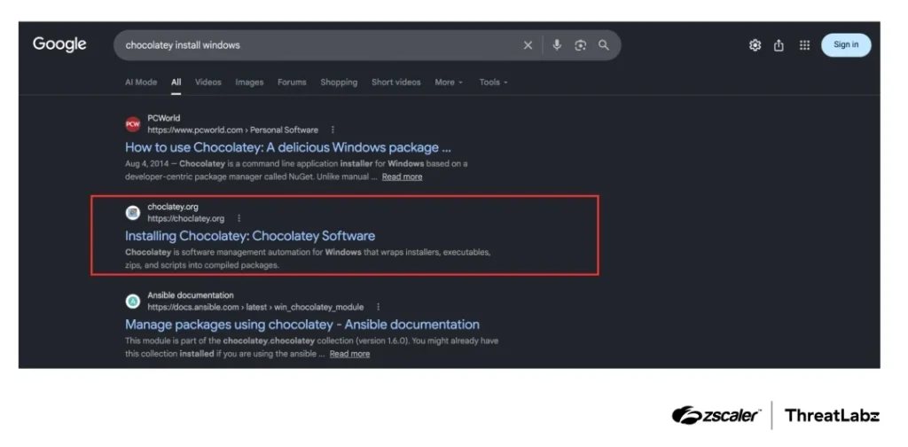 Google search results for “chocolatey install windows”. (Source: zscaler)