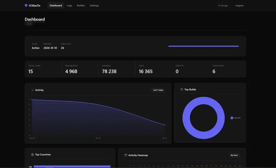 ICMacOS dashboard, used by cybercriminals operating this RAT/stealer (Source : Moonlock).