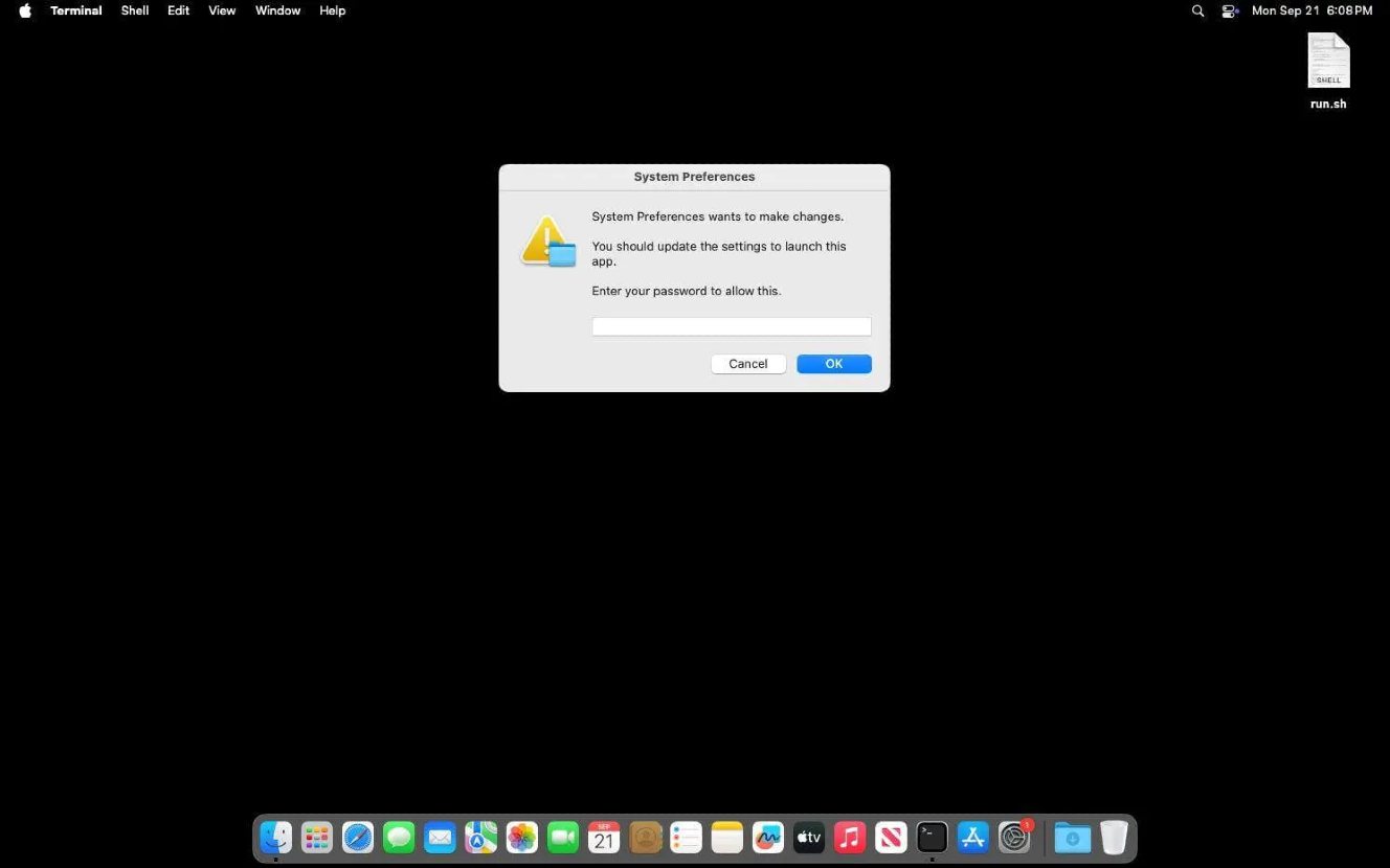 ICMacOS prompts you for your password with a fake system password request (Source : Moonlock).