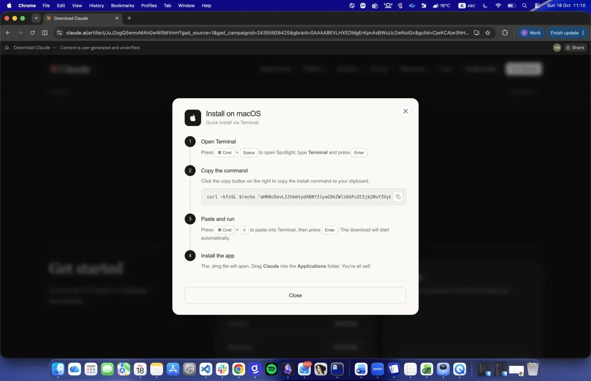The fake “quick install” dialog on the Artifact page (Source : Gen).